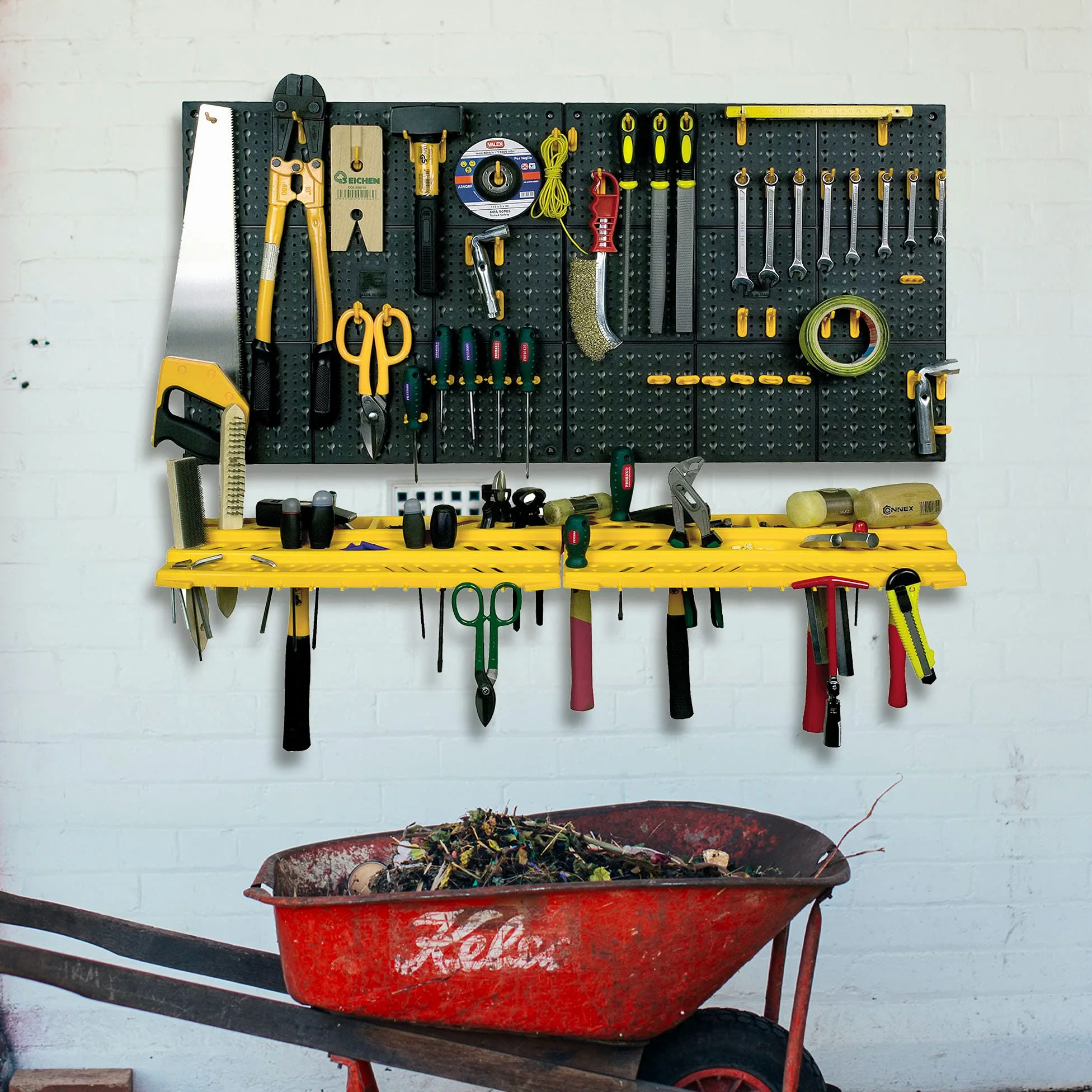 Ensemble de 2 panneaux et 2 niveaux de porte-outils avec 50 crochets, objets muraux de l'organisateur, 100% Made in Italy, 100x22h50 cm, couleur noire