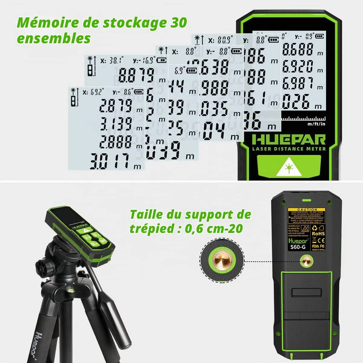 Télémètre Laser à Rayon Vert 60m, Huepar Digital Meter avec écran LCD, Batterie Rechargeable et Affichage à Deux Angles, Pythagore/Distance/Surface et Volume S60-G