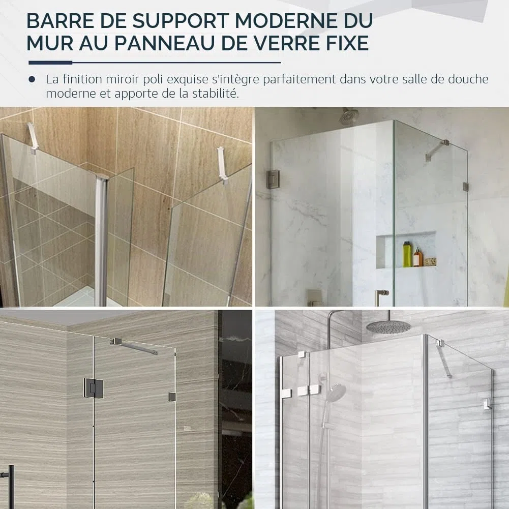 M-Home - Barre de renfort pour paroi de douche - Acier inoxydable, 60 cm, pour paroi en verre sans cadre de 6 à 10 mm d’épaisseur