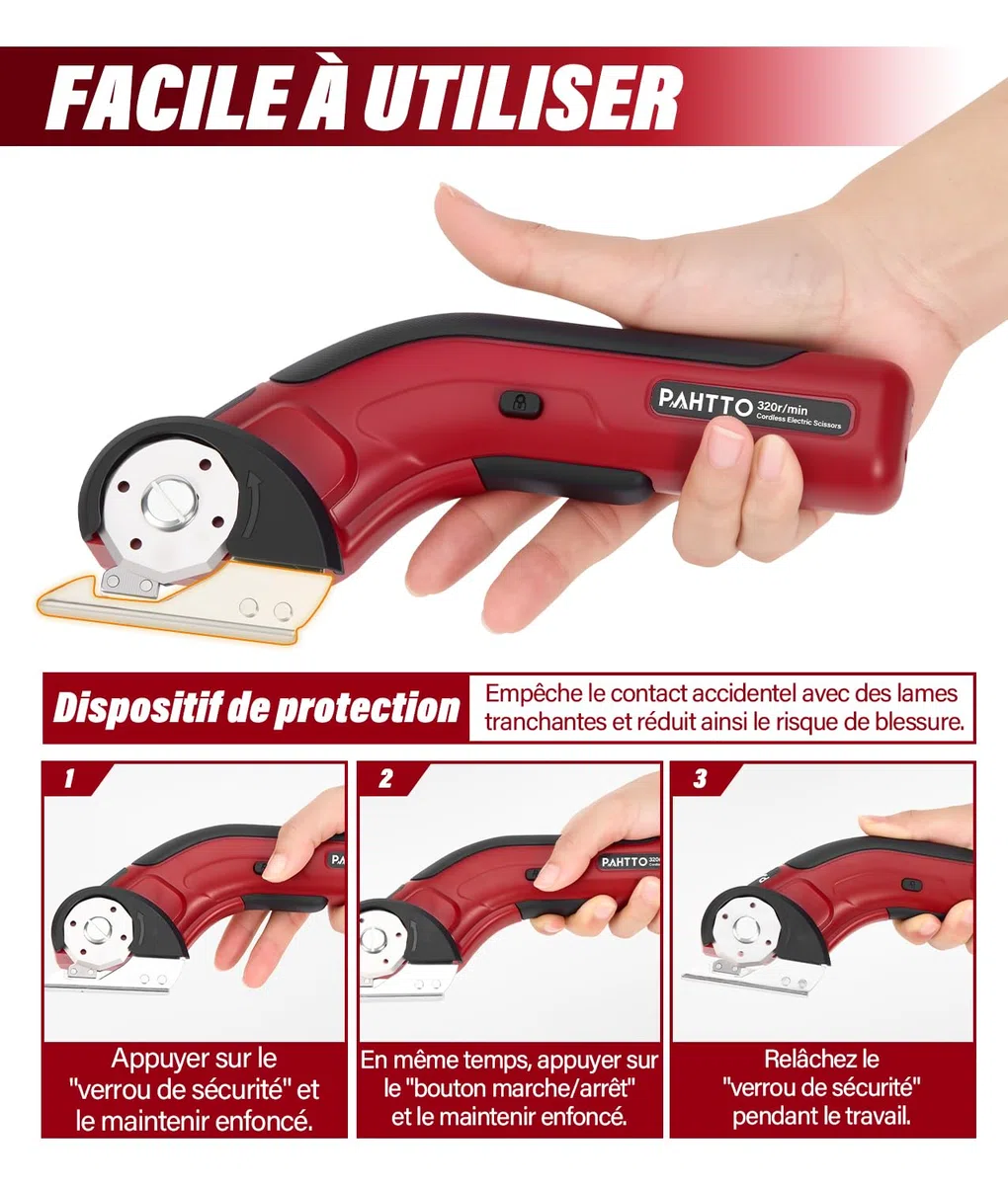 PAHTTO Cisaille électrique Coupe-carton 4 V, 320 tr/min, coupe-rouleau sans fil Coupe-tout universel avec 2 lames auto-affûtantes et chargeur, pour papier, carton, moquette, cuir, tissu (rouge)