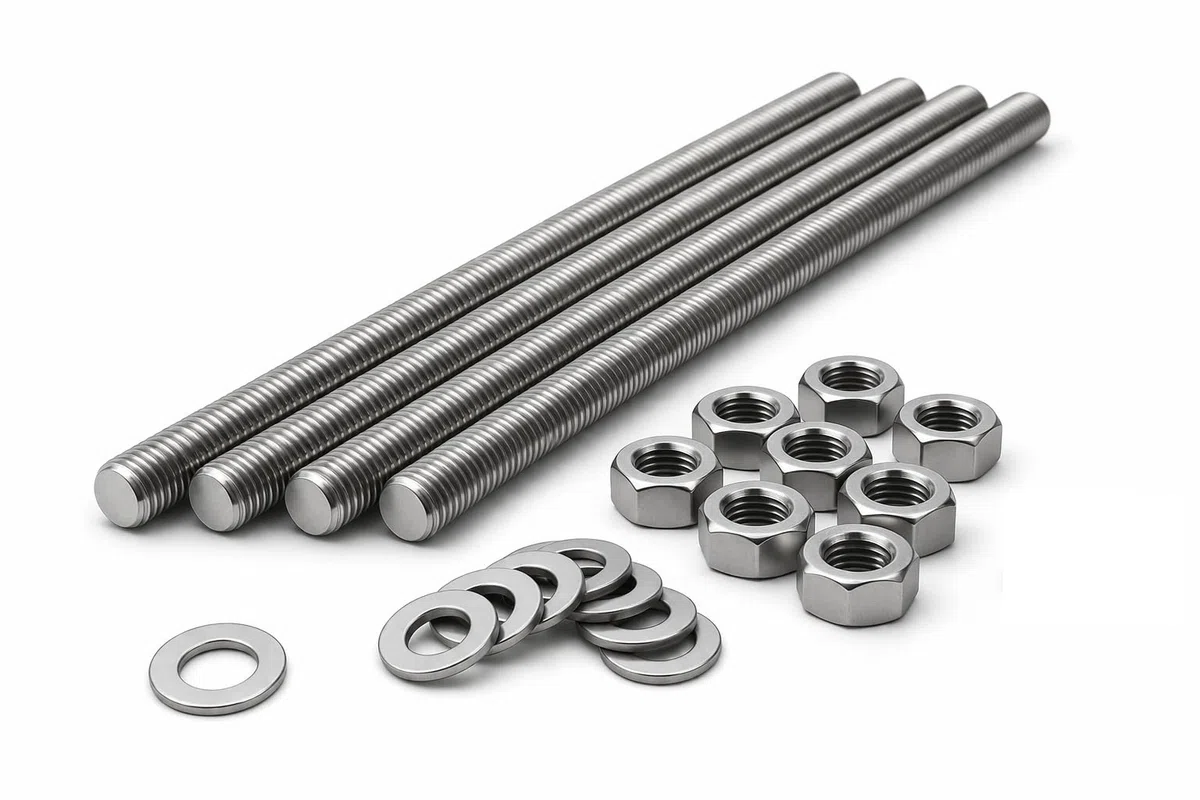 Lot de 4 tiges filetées M8 x 1 000 mm, acier inoxydable A2, filetage métrique complet DIN 975, comprend 8 rondelles inox DIN 125 et 8 écrous inox DIN 934