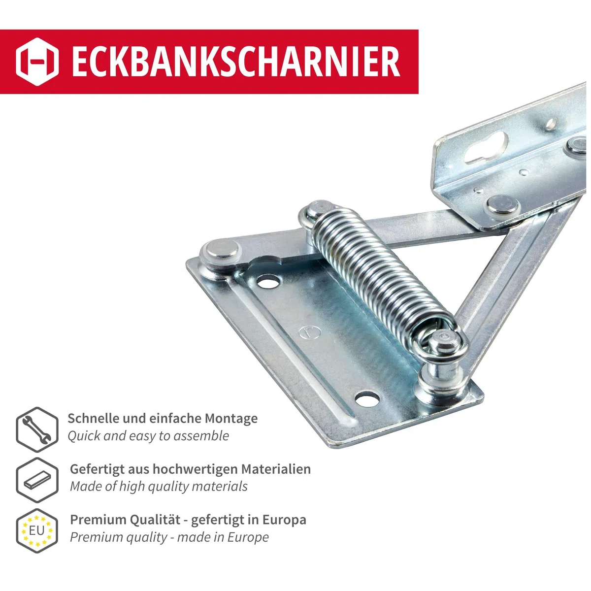 Gedotec Charnière de banc d'angle acier galvanisé | 1 paire (gauche + droite) | Console rabattable pour assises en bois | Ferrure de banc-coffre à ressort | Poids de plateau jusqu'à 12 kg