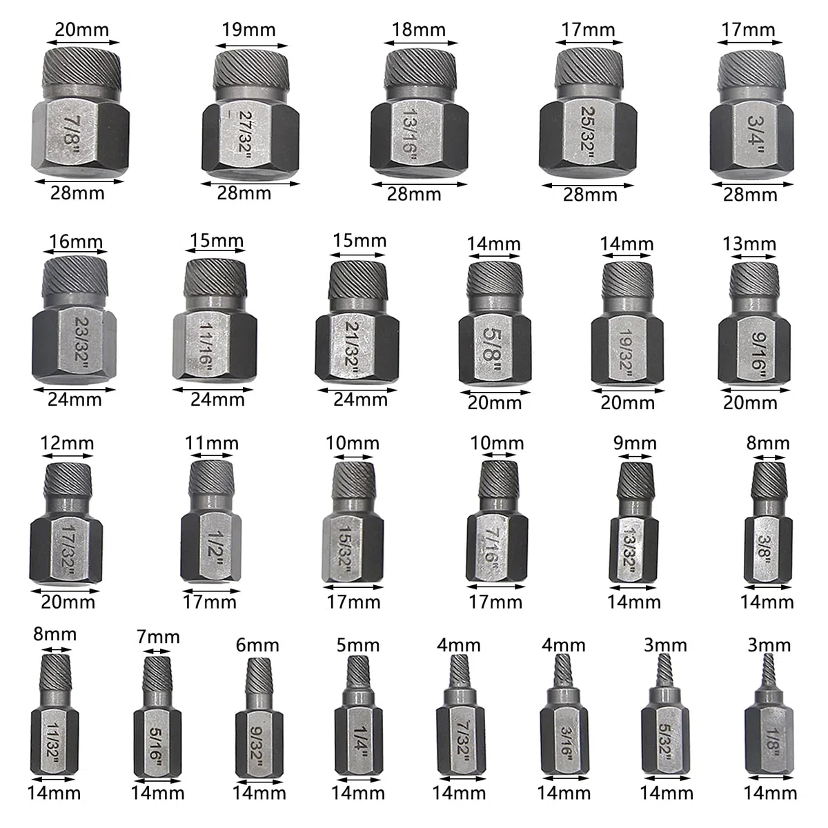 Set de 25 Extracteurs de Vis Cassée, Set d'extracteurs de Vis Gauche, Extracteur de Boulon, Extracteur de Goujon, pour Enlever les Boulons Cassés, les Vis, les Vis à Tête Creuse