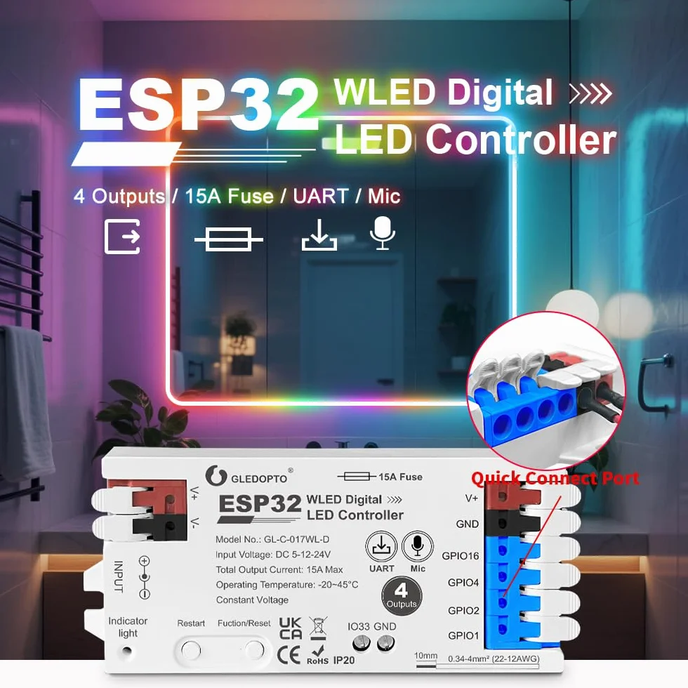 GLEDOPTO Contrôleur LED WiFi 4 Voies ESP32 WLED - Compatible Alexa/Google Home - pour Bandes LED RGB 5-24V - Max 15A - GL-C-017WL-D (1 Pièce)