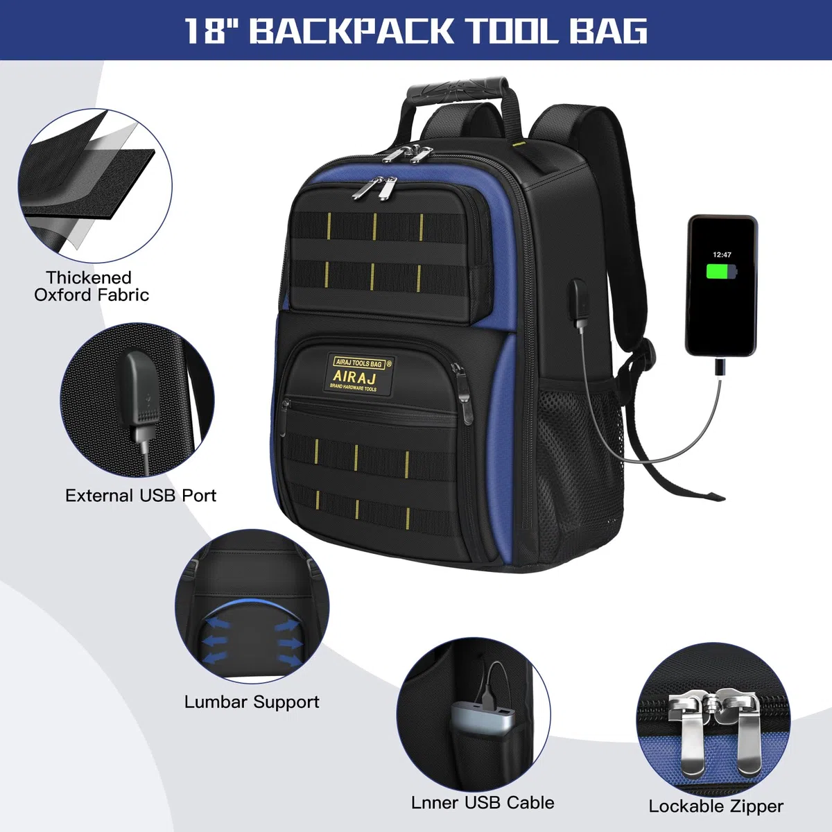 Sac a Outils à Roulettes 21 Pouces+Sac à Dos à outil 18 pouces AIRAJ,Poignée Télescopique Réglable,Sac Outils Imperméable,Sac à Dos à Outils Robuste,1680D Tissu Oxford,Port de Recharge USB,55 Poches
