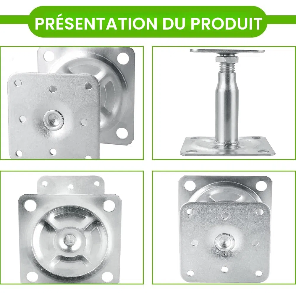 Lot de 4 supports de poteau réglables en hauteur avec 16 vis galvanisées 100-150 mm Support de poteau à visser sur film galvanisé épais passivé