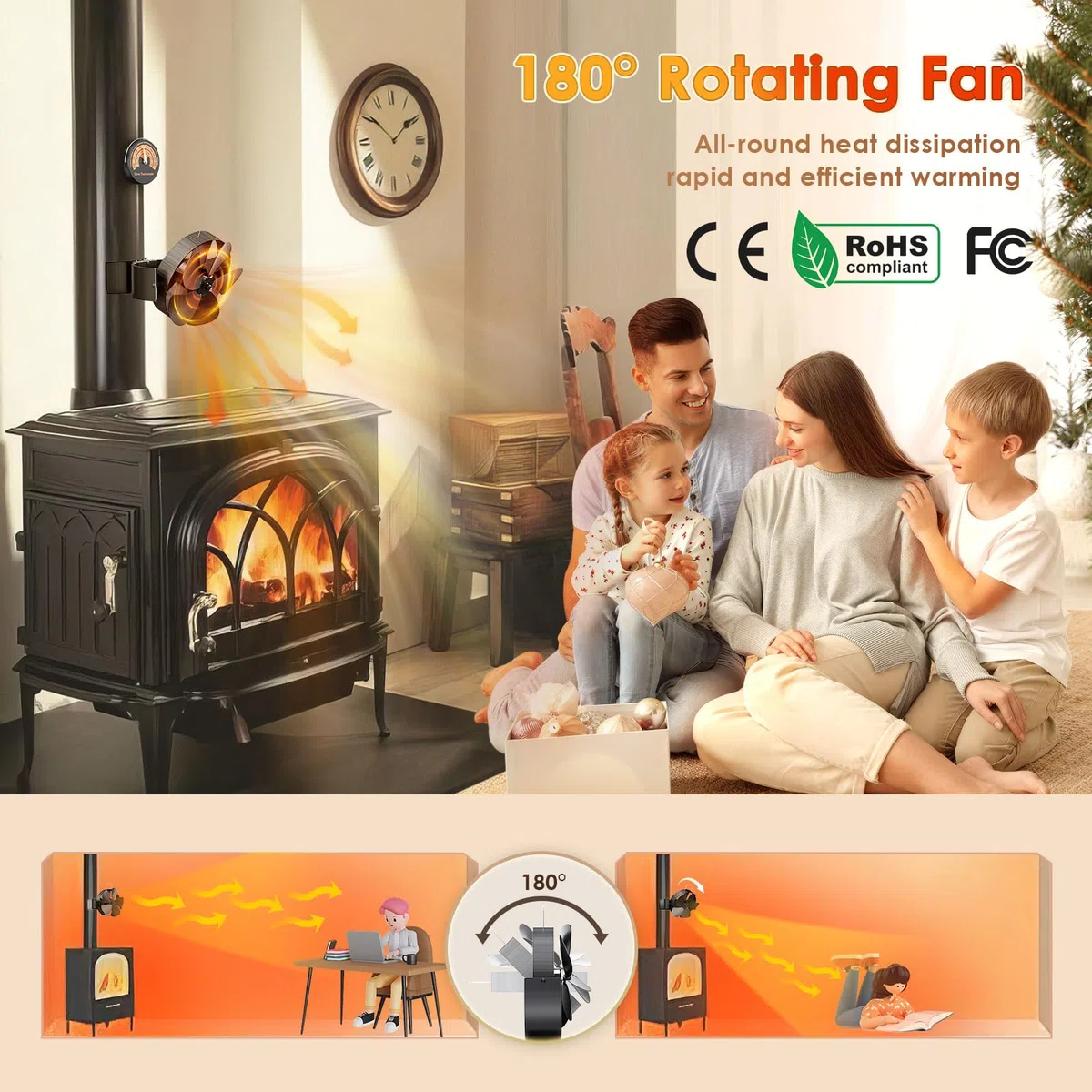3 en 1 ventilateur de poêle à bois 5 pales support de ventilateur de brûleur à bûches 180° Rotation magnétique ventilateurs de cheminée à bois ventilateurs de cheminée alimentés par la chaleur
