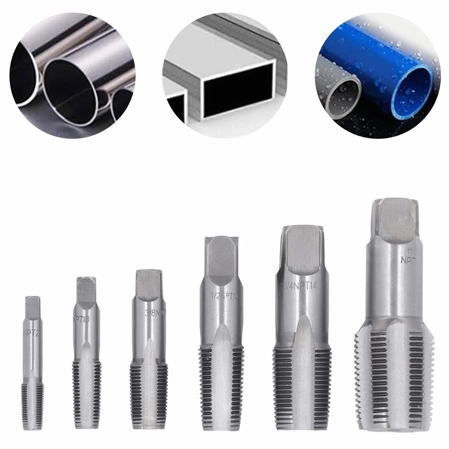 Lot de 6Pcs Tarauds à Filetage NPT en Acier en Carbone - 1", 1/8", 1/4", 3/8", 1/2", 3/4" Tarauds à Tuyauterie pour Joints de Conduite d'Eau, Réparation Automobile et Machines