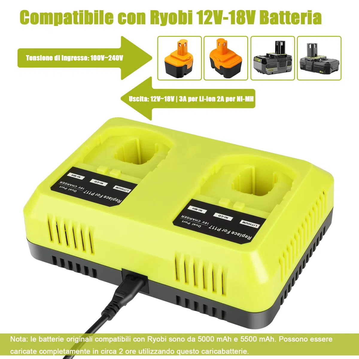 KUNLUN P117 Chargeur pour Ryobi 18V Batterie, 2 Ports Chargeur de Remplacement pour Ryobi One+ P108 P107 P104 P105 P102 P103 P117 Batterie Li-ION/Ni-Mh | Compatible avec les batteries lithium-ion Ryobi 18 V P102 P108 P189 P197 P103 P105 P107 P190 P191 PBP