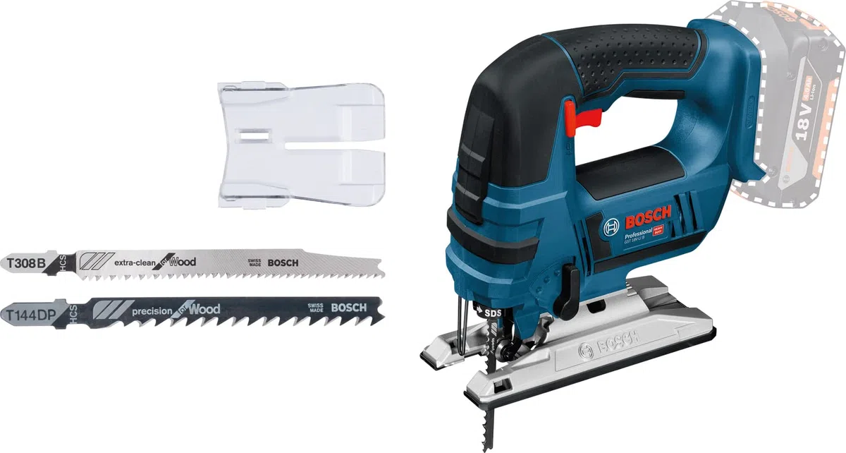 Bosch Professional 18V System scie sauteuse sans-fil GST 18 V-LI S (poignée étrier, profondeur coupe bois/alu/métal : 120/20/8 mm, 3 lames, pare-éclats, sans batterie ni chargeur, dans boîte carton)