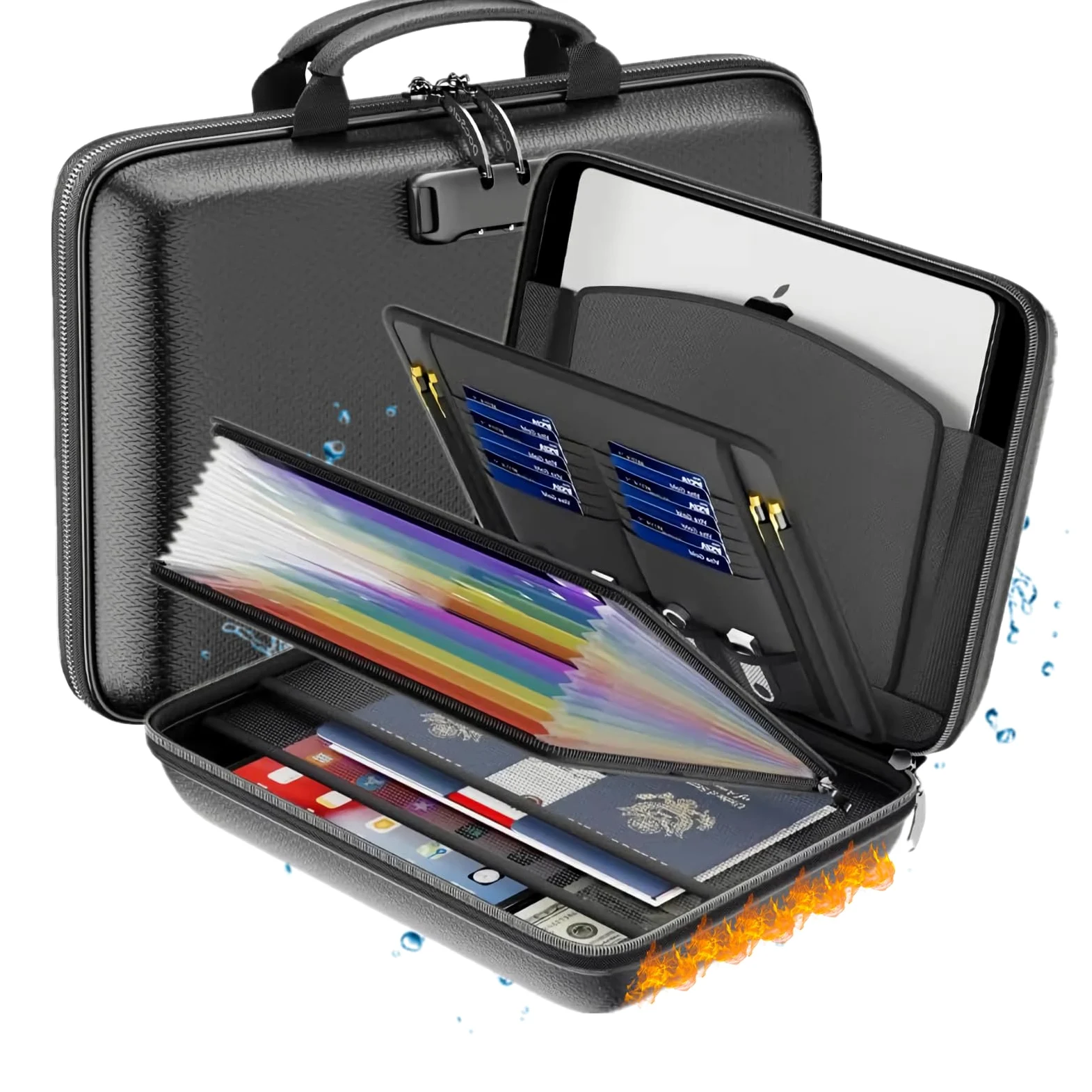 Qivine 1472℉ Porte Documents Ignifuge, Pochette Anti Feu avec Serrure et Fermeture Éclair, Pochette Etanche Document avec 13 Poches, pour Dossiers A4, Argent, Passeport, 37,5 x 27 x 6 cm