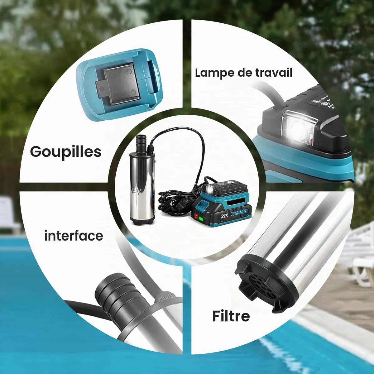 Pompe à immersion à batterie 18 V, pompe à diesel 60 W, pompe à huile portable pour diesel, essence, huile, eau, hauteur de refoulement de 3-5 m, câble de 5 m, 50-80 L/min (2 batteries)