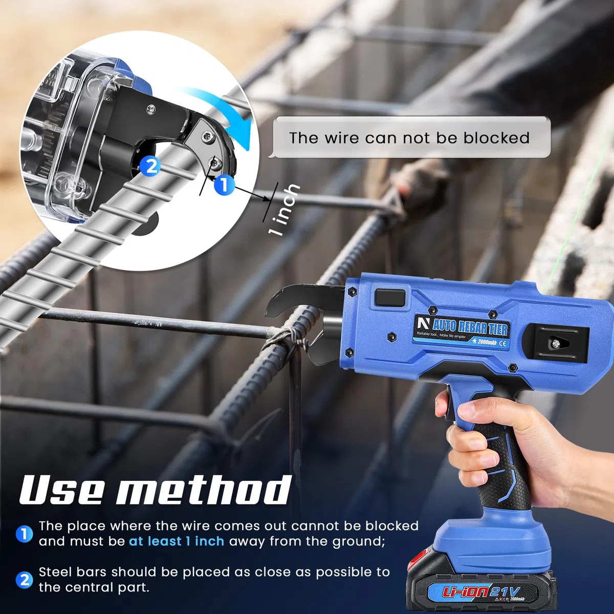 NEWTRY 20V Lieur fil fer d'armatures Professionnel Automatique Pince à Ligature sur Batterie pour Barres d'acier de 0,3'' ~ 1.33'' (7~34mm), avec 2 Batteries 2,0 Ah et Chargeur (bleu)