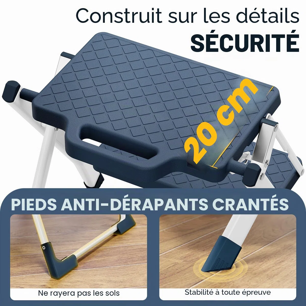 Urackify Échelle Marchepied 2 Marches en Acier Robuste, Pédales Larges Antidérapantes avec Poignée, Échelle Pliable Sécurisée Patins Antidérapants, Charge 150 kg, Idéale Maison Cuisine, Bleu