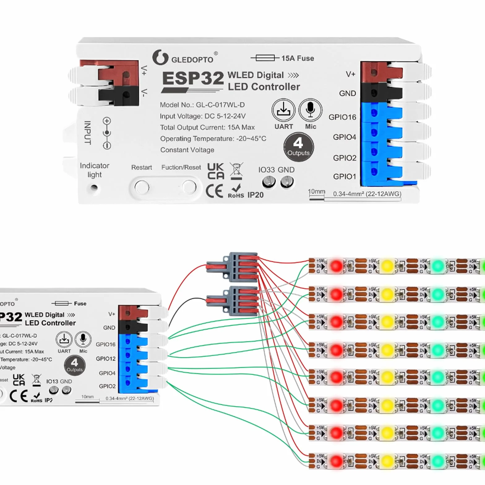 GLEDOPTO Contrôleur LED WiFi 4 Voies ESP32 WLED - Compatible Alexa/Google Home - pour Bandes LED RGB 5-24V - Max 15A - GL-C-017WL-D (1 Pièce)