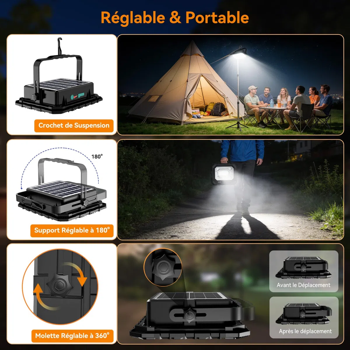 Adewalk Projecteur Chantier LED 150 W, 16000 lm Lampe de Travail Solaire & Batterie Rechargeable 16000 mAh, 5 Modes d'éclairage, Lampe de Camping Portable pour Travail, Pêche, Garage, Atelier