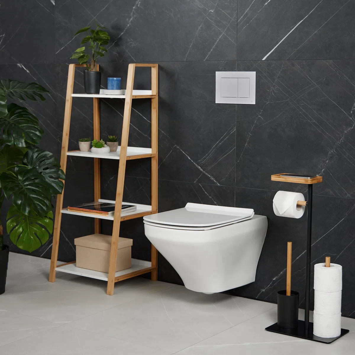 Relaxdays Serviteur WC, Bambou, Fer, Support Non Fixe, Brosse et Porte-Brosse, Noir - Nature