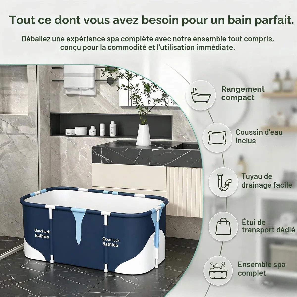 Baignoire portable 140 cm x 60 cm x 55 cm, baignoire familiale pliable pour adultes, baignoire spa pour la salle de bain et la cabine de douche