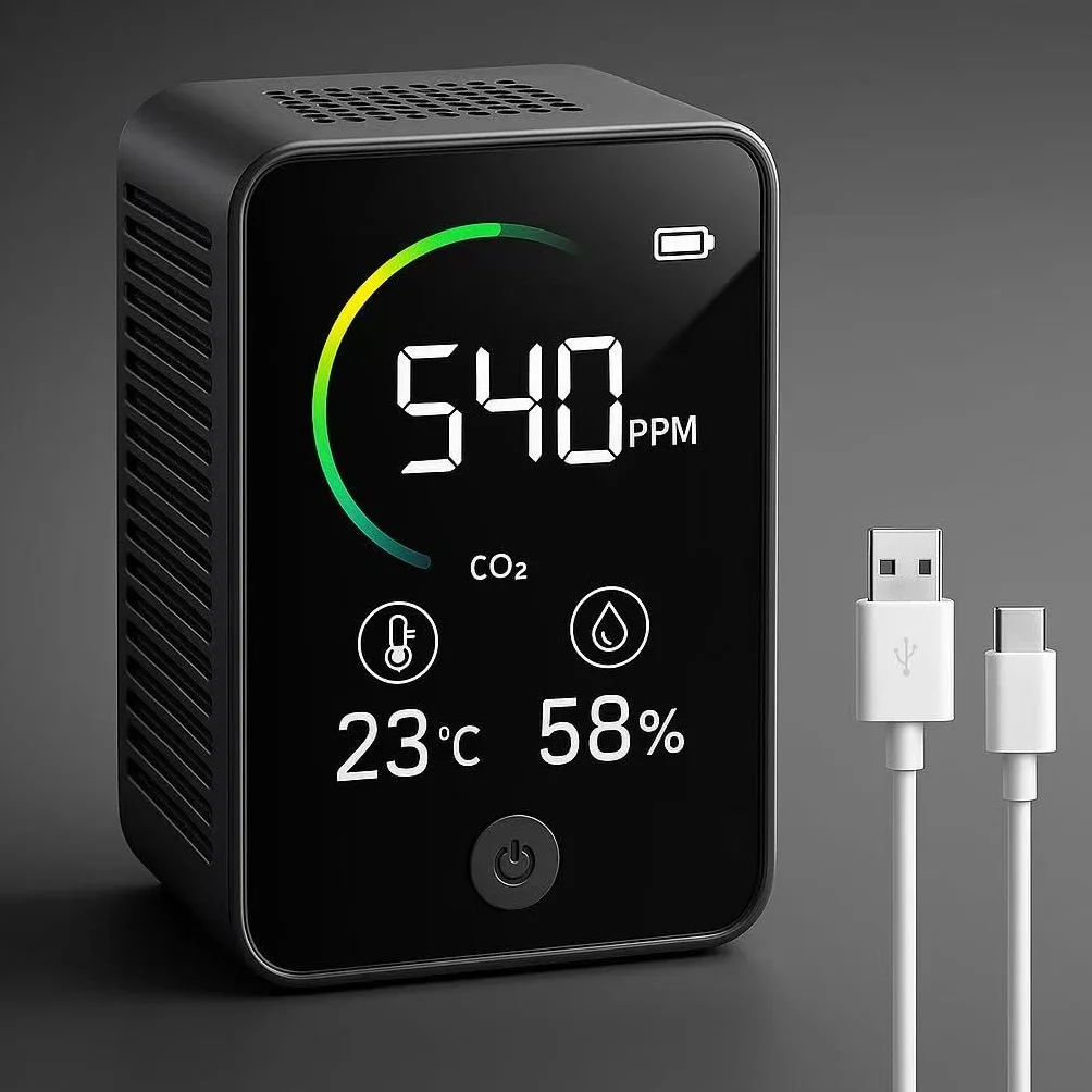 TOMO Compteur de CO2-3 en 1- Moniteur de Qualité de l'Air, Température, Humidité - Batterie jusqu'à 6 Heures - CO2 Mètre PM2.5 - Capteur NDIR - Compteur de Particules - Alarme Intelligente
