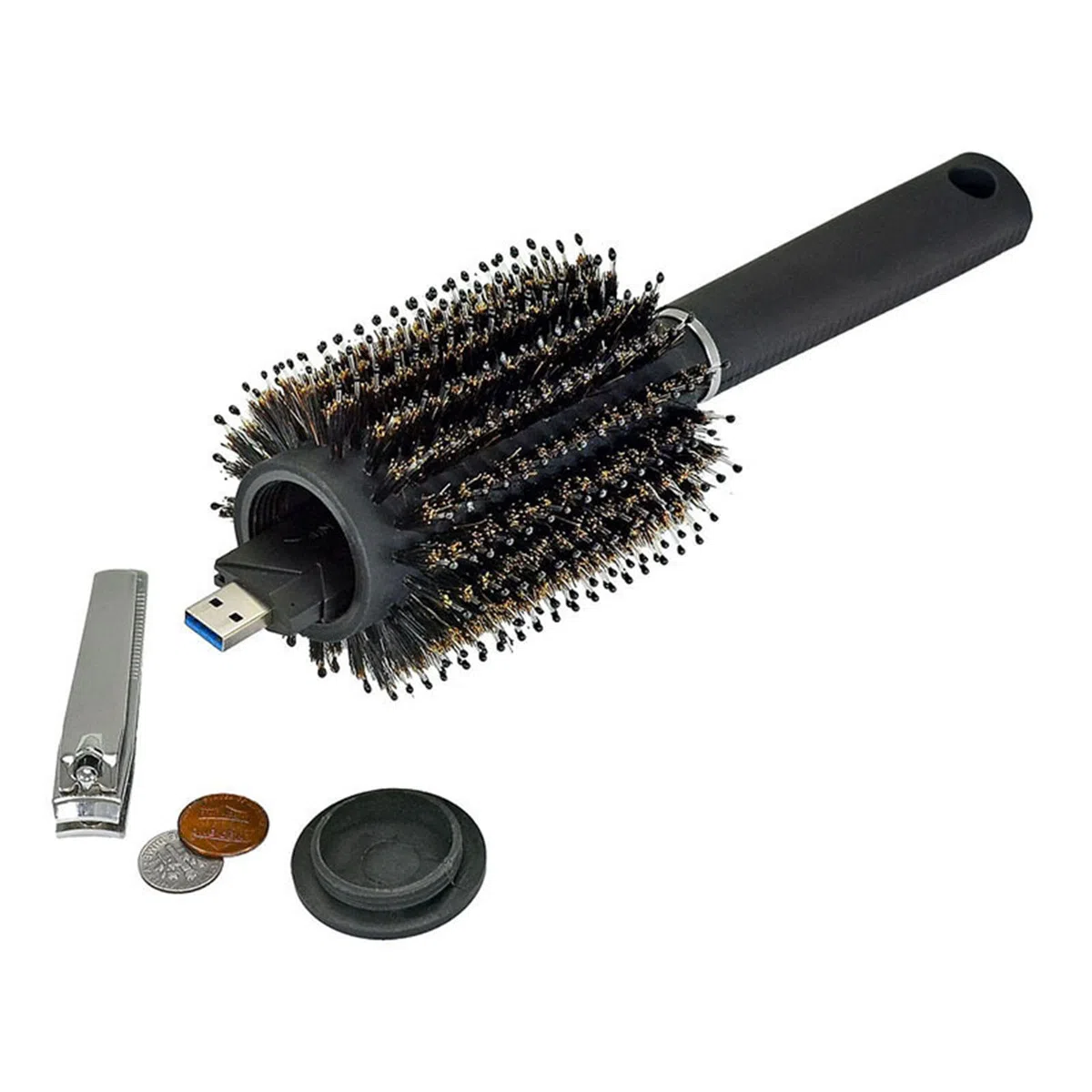 Brosse à cheveux avec rangement secret - Coffre-fort cacher argent et clés, brosse à cheveux de voyage - Tirelire discrète pour objets de valeur (noir)