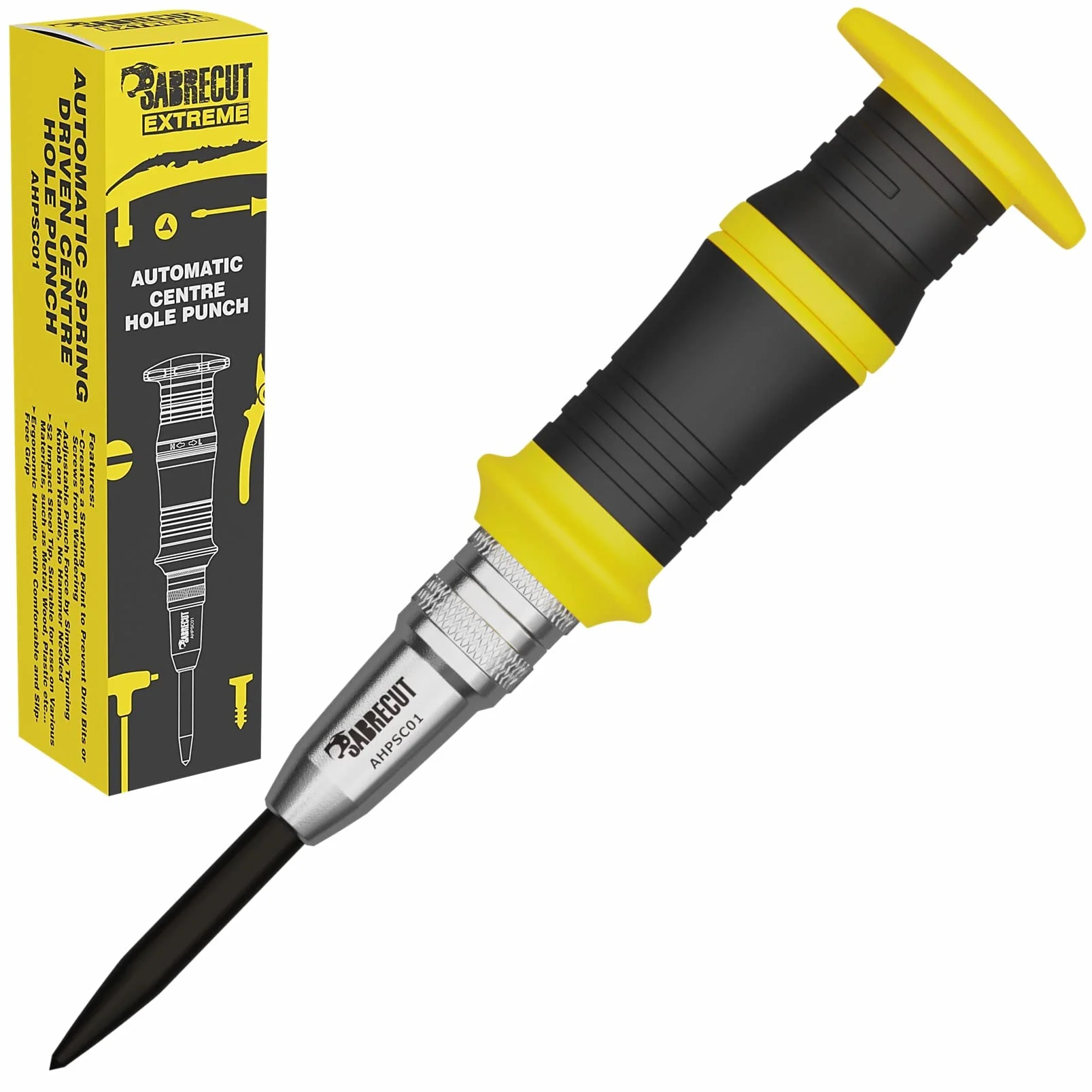 1 pièce SabreCut AHPSC01 Perforatrice centrale à ressort automatique robuste avec force de frappe réglable 60-140 Newtons Convient au métal au bois au plastique et à de nombreux autres matériaux