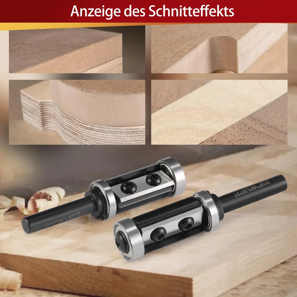 Fraise à affleurer à plaques réversibles avec tige de 8 mm, fraise à affleurer avec 2 surfaces de coupe en carbure interchangeable, diamètre = 19 mm, longueur totale = 30 mm en haut et en bas