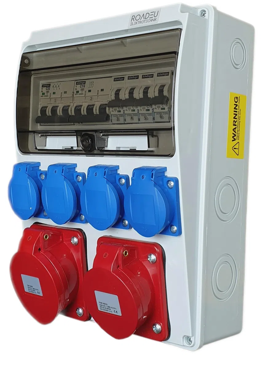 RoadEu - Coffret de chantier Répartiteur électrique 16A 5P, prises 32A 5P, 4x prises 230V, avec disjoncteurs miniatures. IP44