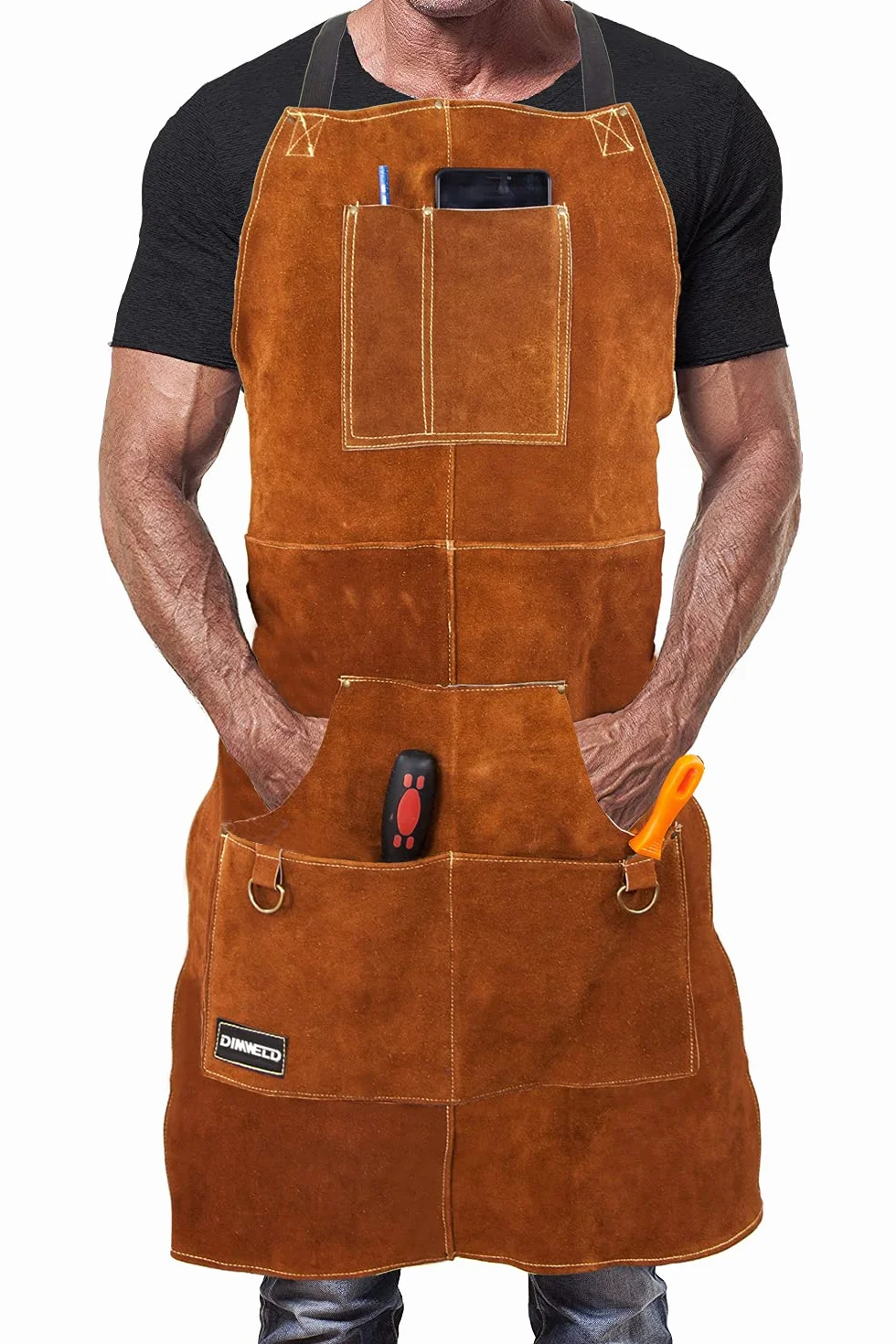 Tablier de Soudeur et Forgeron en Cuir Ignifugé avec 6 Poches | Vachette 1,4 mm, coutures résistantes à la chaleur, pour soudure, forge, atelier et barbecue, taille unique