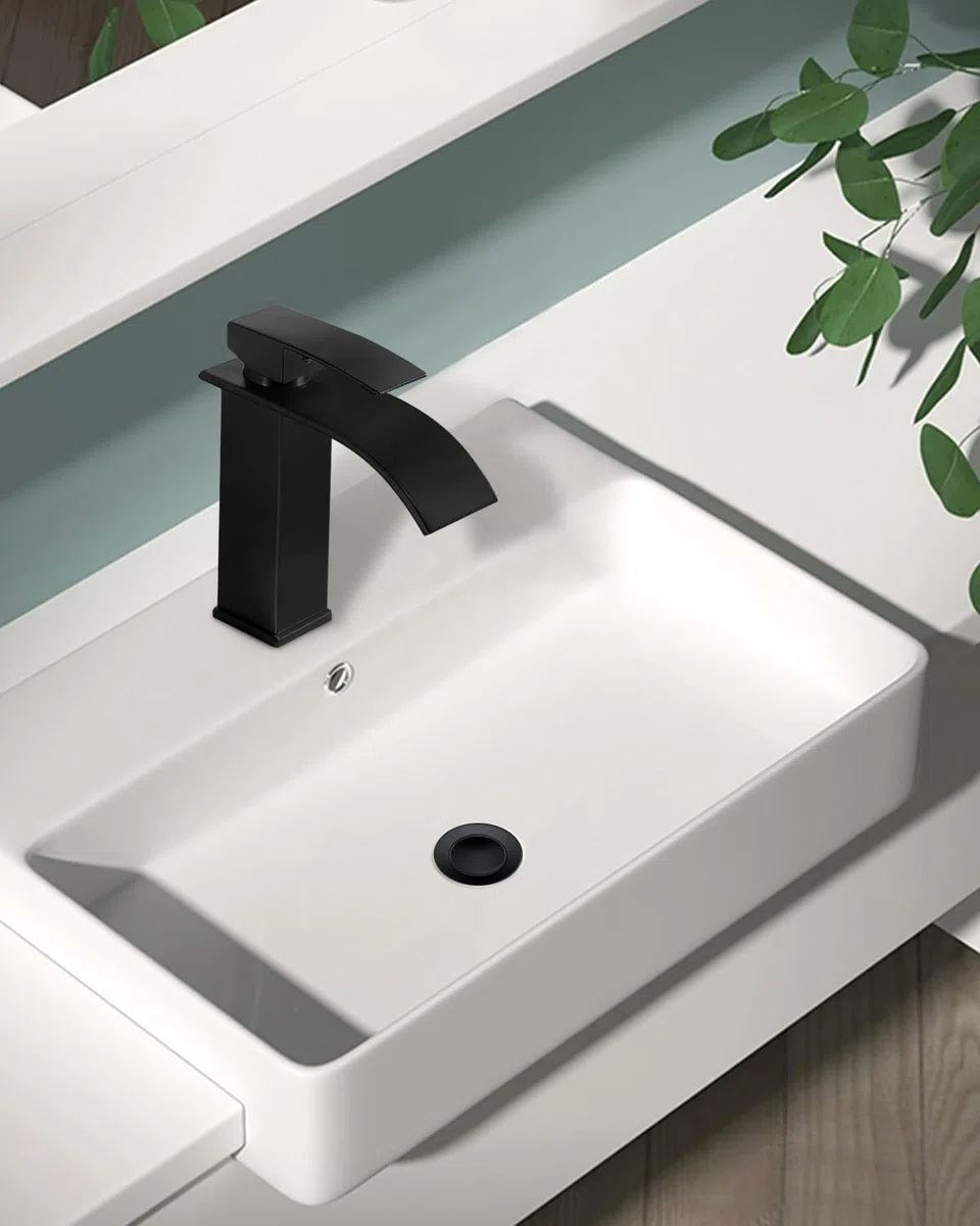 Moderne Robinet Lavabo Noir Cascade, Mitigeur Lavabo Salle de Bain en Laiton Design Elégant, Robinet Salle de Bain Noir avec Bec Hauteur 115mm, Robinetterie Cascade G 3/8