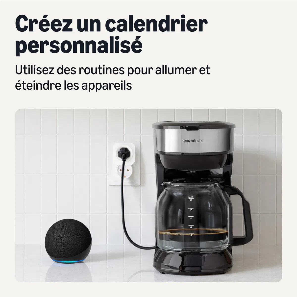 Amazon Basics Prise Intelligente, Compatible Matter, Compatible avec Amazon Alexa, Google Home et Apple HomeKit, Hub Matter Requis, Wi-Fi 2,4GHz Uniquement, Blanc, lot de 4