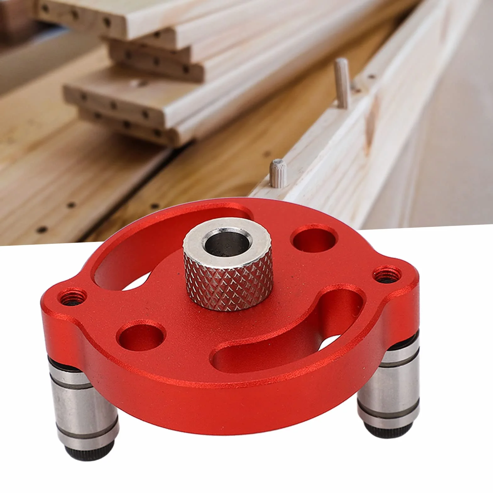 Self Centering Doweling Jig, Hole Punch Locator, Round Hole Punch Locator Set Self Adaptive Centering Woodworking Guide Puncher with Drill Bushings (Red)