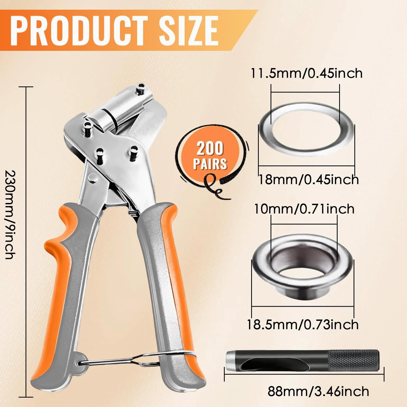 Pince à Oeillets Métalliques Kit, Pince perforeuse avec 200 Oeils de Ø 10 mm, Pinces a Oeillet Magnétique, pinces a oeillets pour baches Tissus Cuir Carton Affiches Bannières