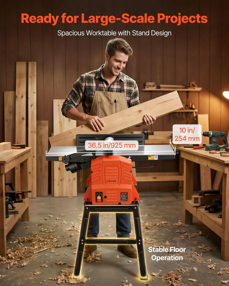 VEVOR Raboteuse Dégauchisseuse 2,4 hp Dégauchisseuse d'Établi 25,4x92,5 cm pour Bricolage Menuiserie, 8000 tr/min, avec Support, Tête de Coupe Droite à 2 Lames, Profondeur de Coupe Réglable 0-3 mm