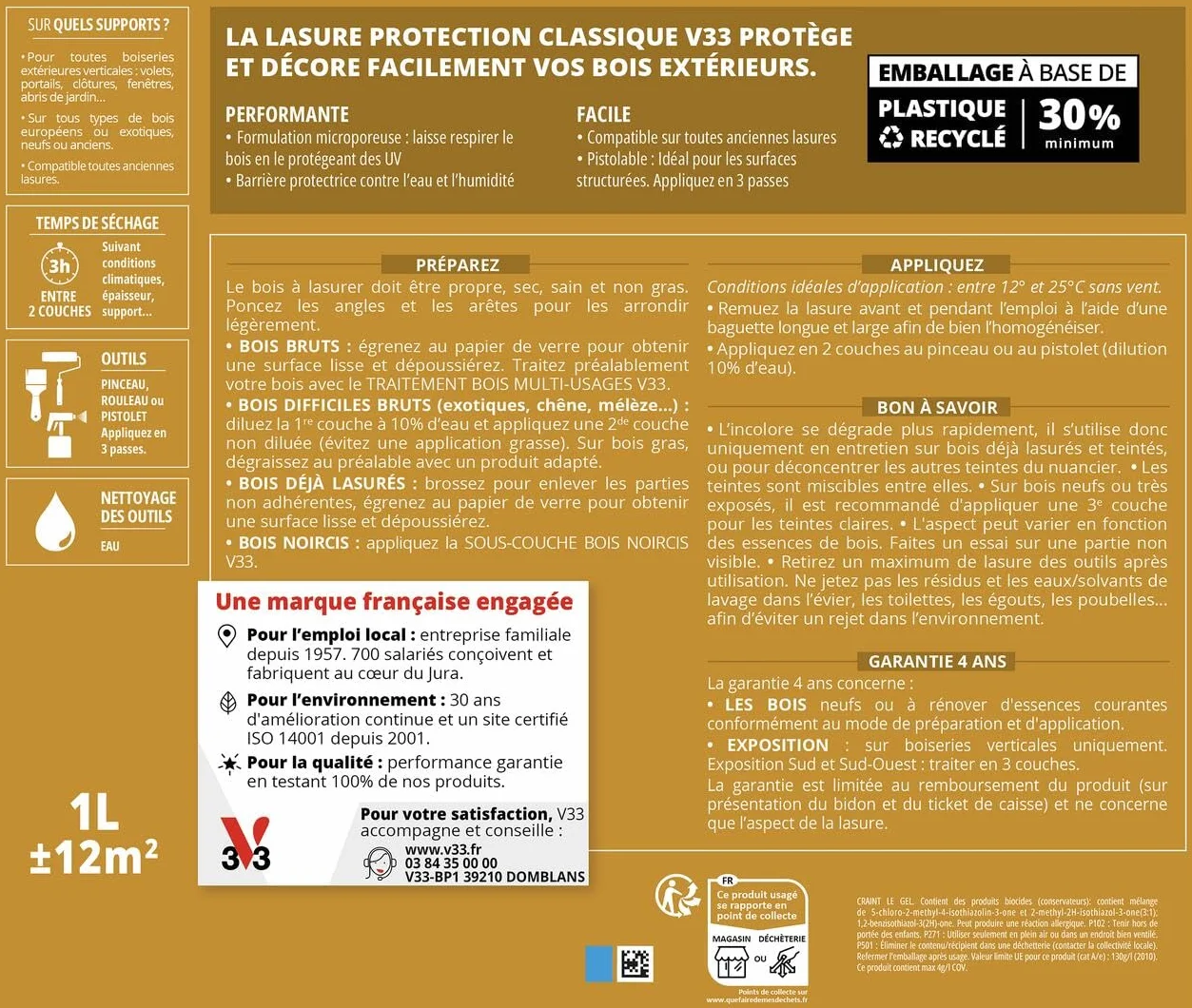 V33 Lasure Bois extérieur Chêne doré - Protection Classique 4 ans - Protège du grisaillement - Direct bois neufs ou anciens - Texture anti-goutte - 5L | Protège du grisaillement - Direct bois neufs ou anciens - Texture anti-goutte