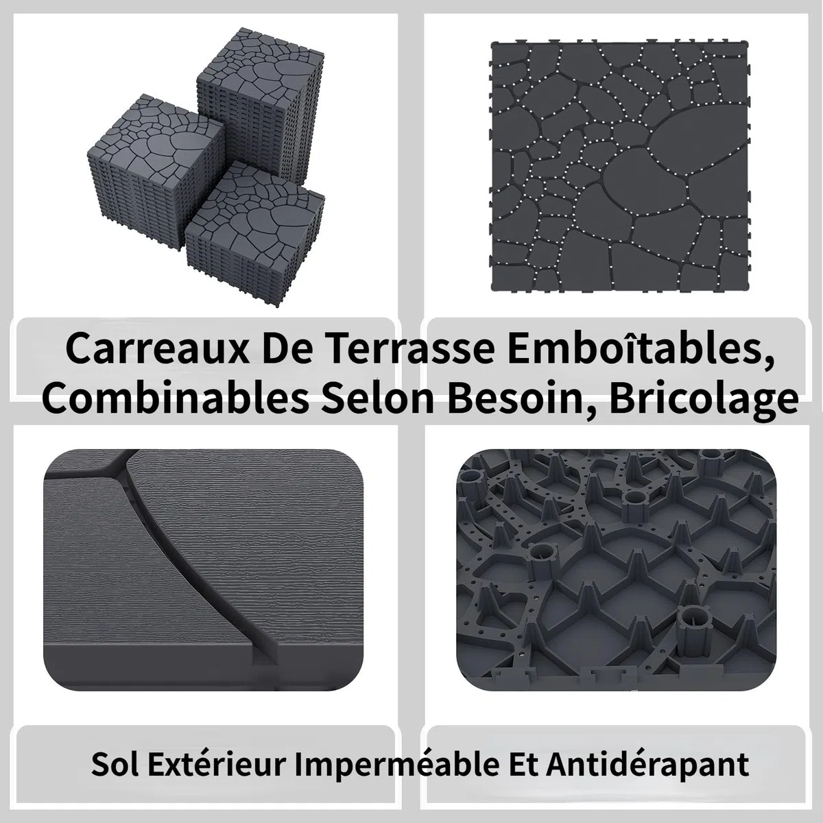 9 Pièces (30 x 30 cm – 0,81 m²) Dalles de Terrasse Extérieure Clipsables, Caillebotis Plastique Antidérapant à Drainage Rapide pour Jardin, Piscine, Balcon(Lot de 9-Gris Foncé（STW))