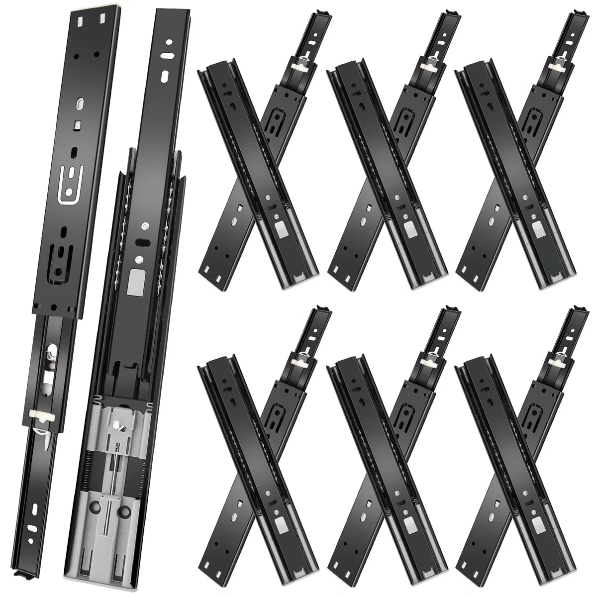 glissières de tiroir 6 paires (12 pièces),30cm glissiere pour tiroir, amortisseur coulisse tiroir avec roulements à billes, montage latéral,extension complète, capacité de charge 45 Kg,noir