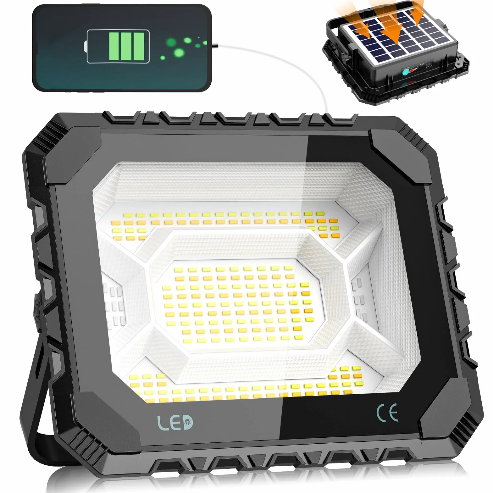 Projecteur LED Rechargeable, Adewalk 100W Projecteur LED Chantier Solaire & Batterie Rechargeable, 12000mAh Lampe Chantier 5 Modes, IP66, Lampe de Travail pour Camping, Pêche, Garage, Atelier