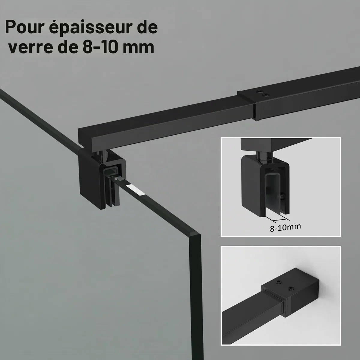 Barre de stabilisation télescopique réglable 73 à 123 cm, utilisée pour paroi de douche en verre, barre de stabilisation accessible épaisseur de verre 8 mm à 10 mm, barre de support carrée noire