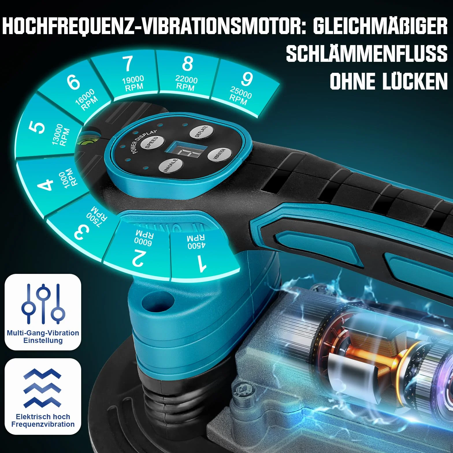 Secoueur de carrelage 2 en 1 sans fil et ventouses avec 2 batteries de 2000 mAh, vibromasseur de carrelage avec ventouse de 22,5 x 12 cm, adsorption 250 kg, 9 vitesses réglables 25 000 tr/min