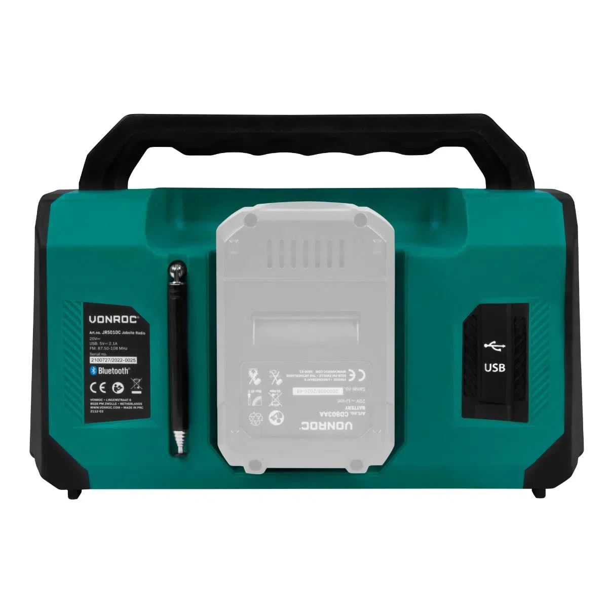 VONROC Radio de Chantier sans Fil 20V - Bluetooth, FM, USB, Haut Parleur, Enceinte - Port Bass-Reflex - Gamme de Fréquences Radio : 87,5 à 108MHz - Batterie & Chargeur Non Inclus