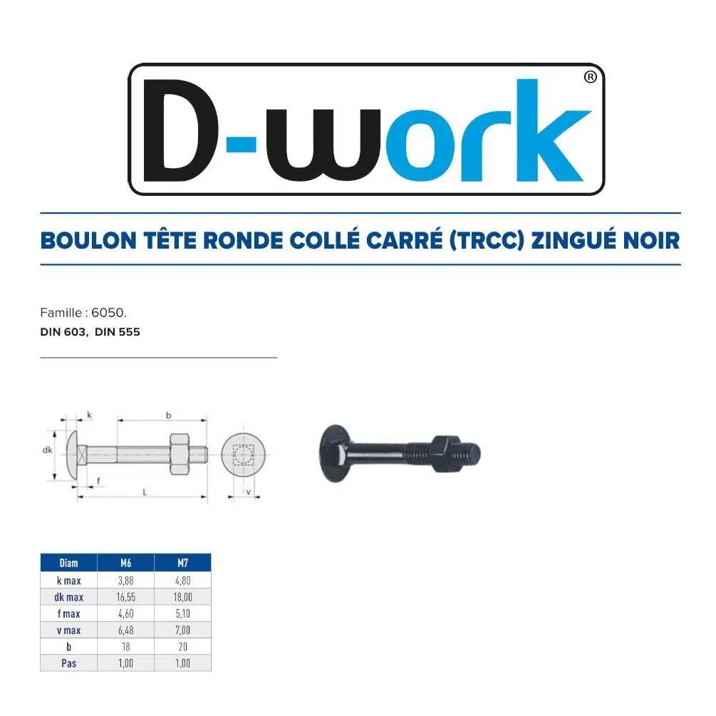 100 Boulons Tête Ronde Collet Carré TRCC 6 x 70 mm - DIN 603 - Zingué Noir - D-Work