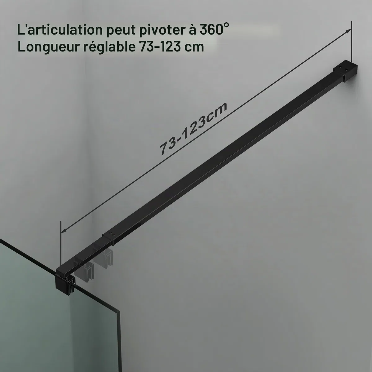Barre de stabilisation télescopique réglable 73 à 123 cm, utilisée pour paroi de douche en verre, barre de stabilisation accessible épaisseur de verre 8 mm à 10 mm, barre de support carrée noire