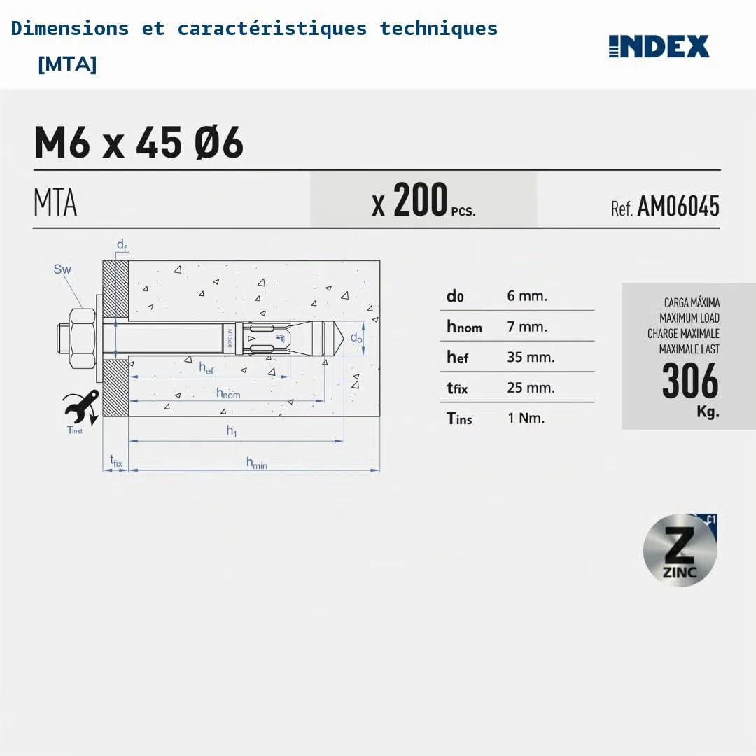 Index Fixing Systems MTA Lot de 50 fixations mâle pour charges élevées (zinguées), AM10150