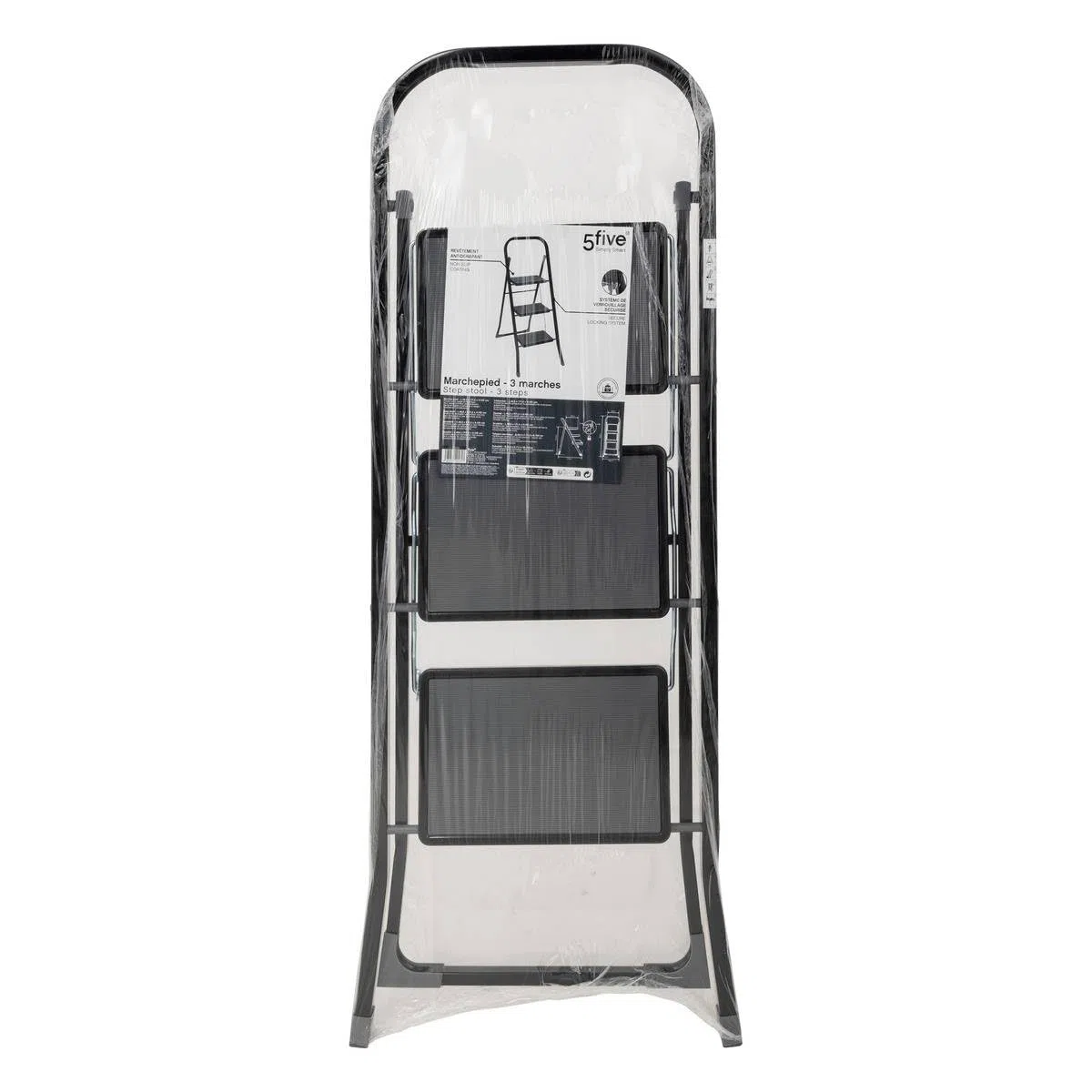 5five - Marchepied Pliable Métal 3 Marches Verrouillage de Sécurité Anse Rangement Facile Revêtement Anti-dérapant Charge Max 150kg
