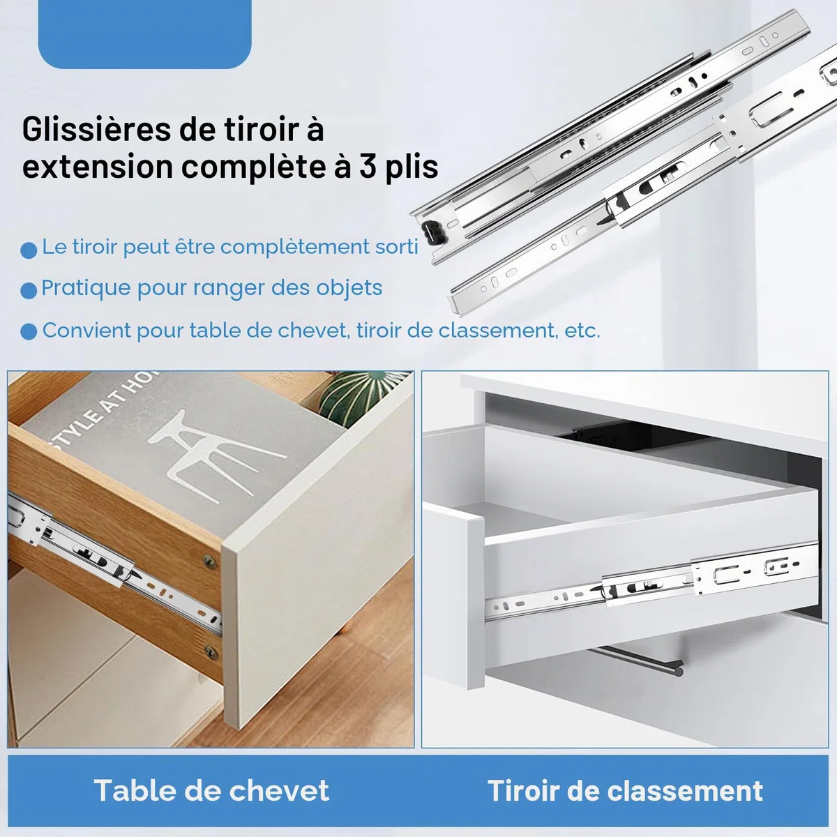Sulawskys 4 paires glissières de tiroir 55 cm (8 pièces),glissiere pour tiroir, montage latéral,extension complète,coulisse tiroir avec roulements à billes, capacité de 45 kg, argent
