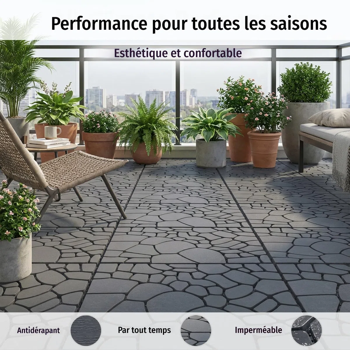 9 Pièces (30 x 30 cm – 0,81 m²) Dalles de Terrasse Extérieure Clipsables, Caillebotis Plastique Antidérapant à Drainage Rapide pour Jardin, Piscine, Balcon(Lot de 9-Gris Foncé（STW))