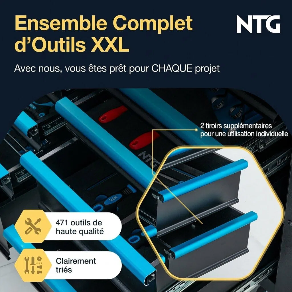 NTG Chariot à outils XXL – 471 pièces – 12 tiroirs avec plan de travail en bois, verrouillable, mobile sur roulettes – Meuble de rangement professionnel en métal pour garage et atelier