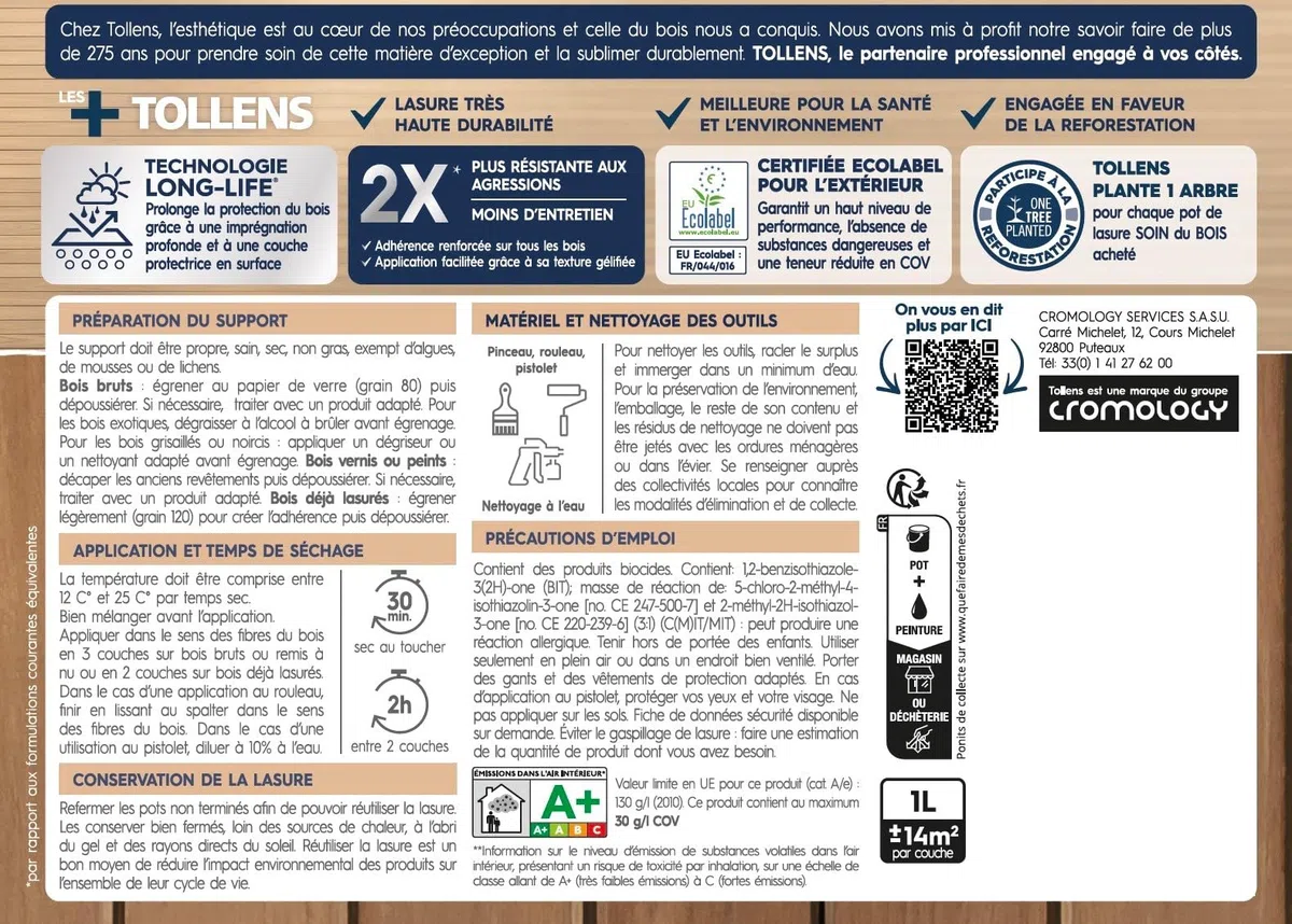 Tollens - Lasure - Ultra Résistante - Adhérence Renforcée - Protège et Décore - Protection Anti-UV - Technologie LONG-LIFE - Satin - Chêne Naturel - 1 L
