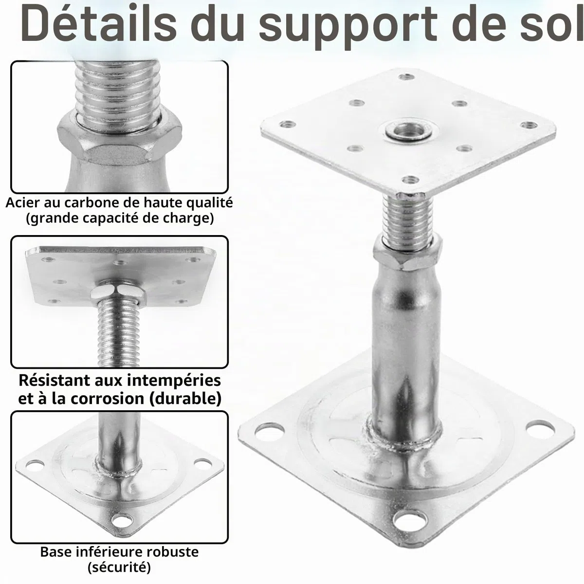 SENENQU Lot de 4 Supports de Poteau Bois, Galvanisés Réglables en Hauteur 100 à 150 mm, 75 x 95 mm à visser, Pied de Poteau Reglable pour Clôtures, Abris, Pergolas