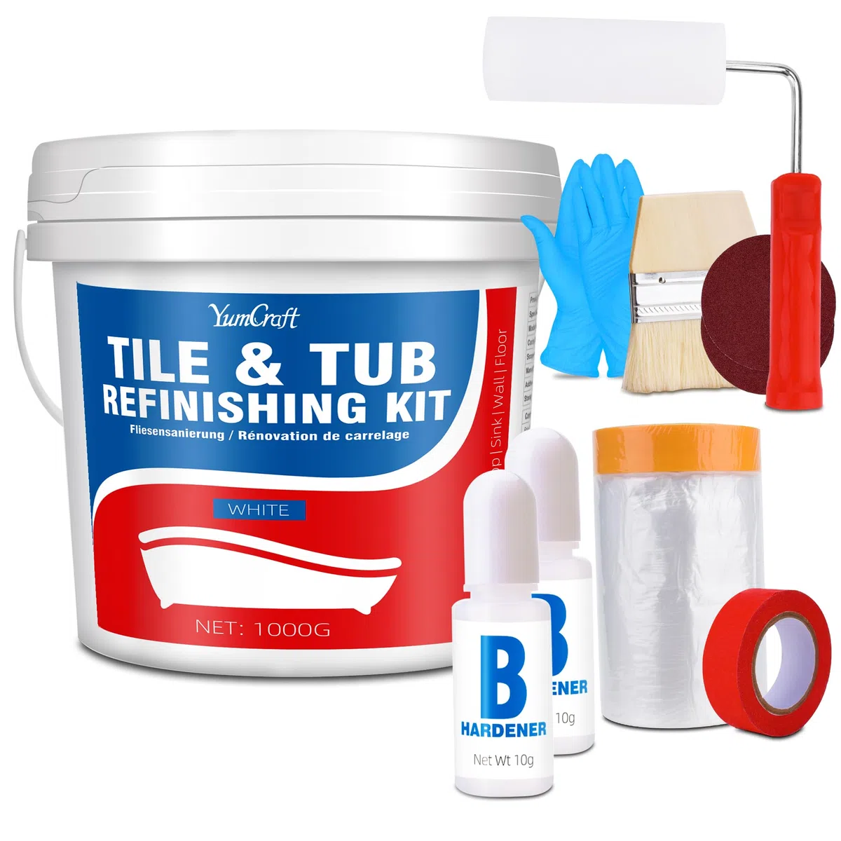 Kit de Rénovation de Baignoire et Carrelage 1000g, Peinture Blanche Brillante Étanche avec Outils & Durcisseur, pour Baignoire, Lavabo, Plan de Travail, Céramique, Porcelaine, Salle de Bain & Cuisine